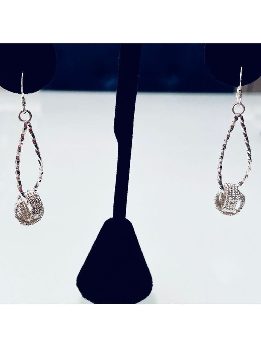 Double Circle Love Knot Twisted Rope Dangle Hook Sterling Silver Earrings